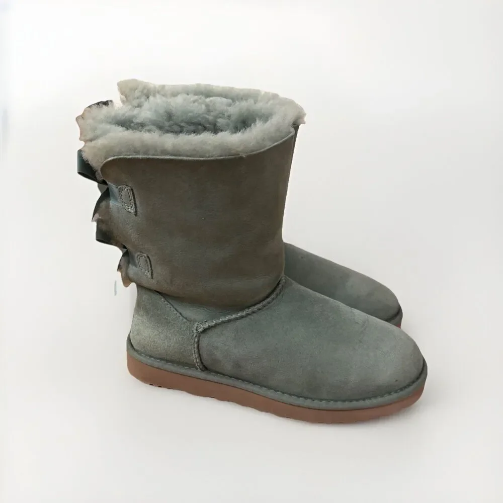 Womens Ugg Boots Sz 8 Bailey Bow Sage Light Green Suede Coquette Has Normal Wear - Picture 5 of 13